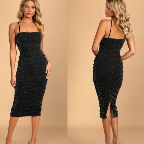 LULUS BLACK SPARKLY BODYCON MIDI DRESS - Picture 1 of 2